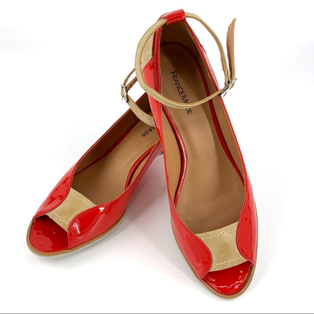 FranceMode Red Patent Leather Peep Toe Ankle Strap Wedge Shoes, EU 40